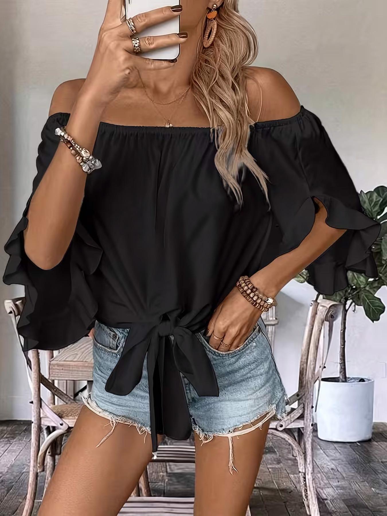 Women's Casual Off-Shoulder Ruffle Bell Sleeve Shirt Blouses, Elegant Feminine Tie Hem Loose Top, Stylish and Comfortable Daily Wear