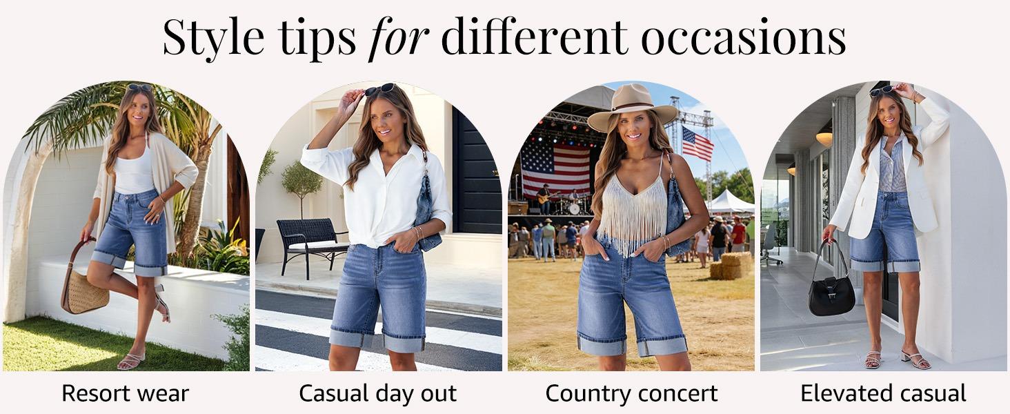 luvamia Jean Bermuda Shorts for Women High Waisted Knee Length Cuffed Long Stretchy Denim Shorts Loose Summer Jorts