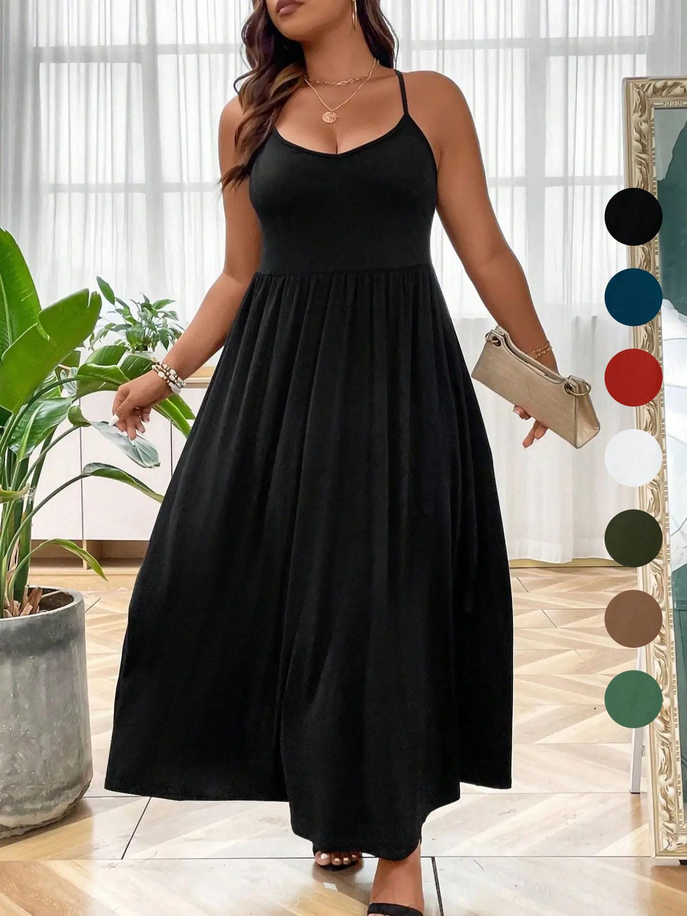 Plus Size Criss Cross Backless Cami Dress, Casual Solid Sleeveless Spaghetti Strap A-Line Dress for Summer, Women's Clothes for Party Holiday Plus Size Criss Cross Backless Cami Dress, Casual Solid Sleeveless Spaghetti Strap A-Line Dress for Summer, Women's Clothes for Party Holiday