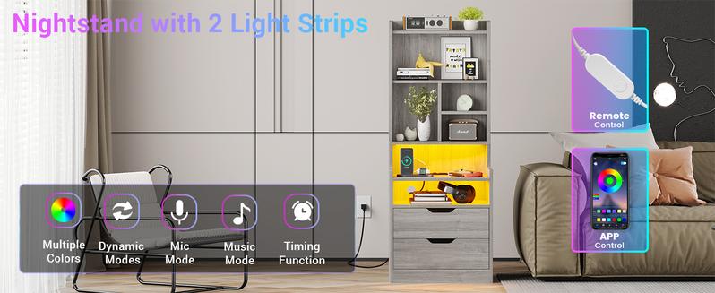 Sikaic Tall Nightstand with Charging Station and LED Lights, Bedside Table with Bookshelf, Grey Furniture Bedroom Vanity Desk Design Vanity Desk