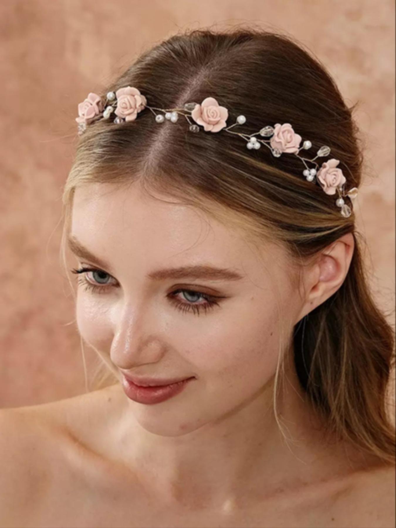 Elegant Rose Pearl Crystal Bridal Hair Vine, Handmade Soft Clay Wedding Headband with Ribbon Tie, Bohemian Romantic Hair Ring