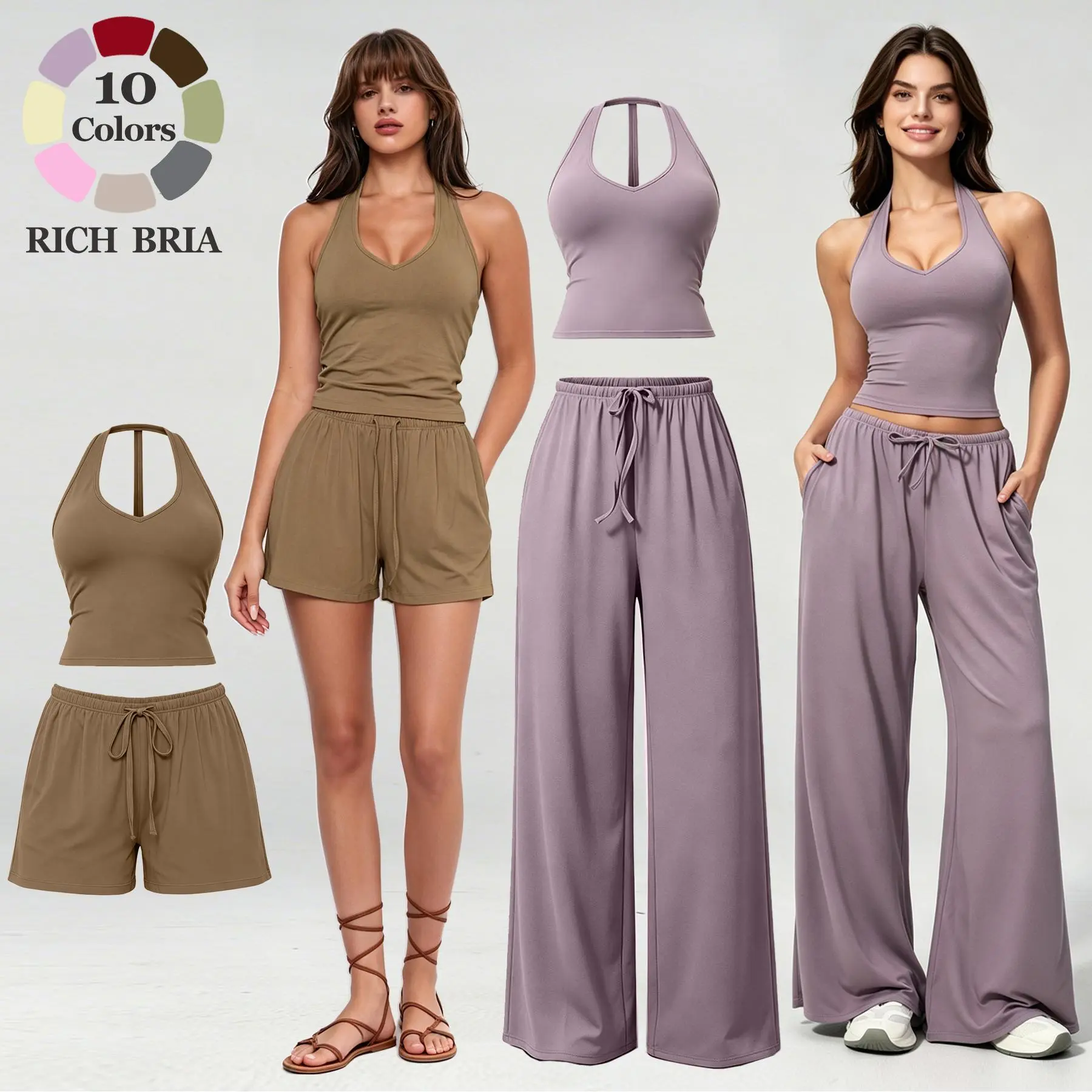 RICH BRIA Womens 2-Piece Casual Set, Built-in Bra Paded Halter Tank Top, High-Waist Wide Leg Pants Flowy Drape Loungewear Set Loose Fit Sports Sets Comfortable Breathable Activewear Sporty All-Season Athleisure Set Sport Casual Outfit Activewear Clothes