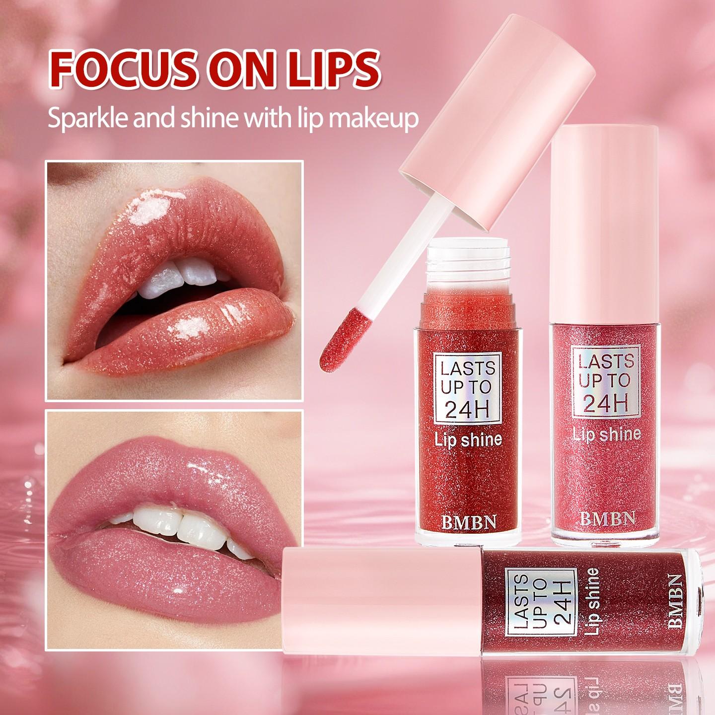 BMBN monochrome shiny lip gloss lipstick - shiny pink gel formula, shiny lip glaze, with glitter powder, instantly create a charming look, lasting shiny, berry color (pink and) - suitable for all beige colors, parties, activities, daily makeup - lip color