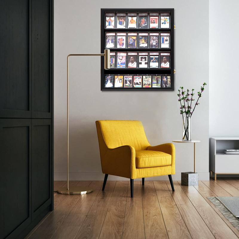 IHEIPYE Baseball Card Display Case 24 Graded Sport Card Display Case Vertical Wall Mount with Clear View and UV Protection Acrylic Door for Baseball Football Basketball Hockey Trading Card Collection, Black