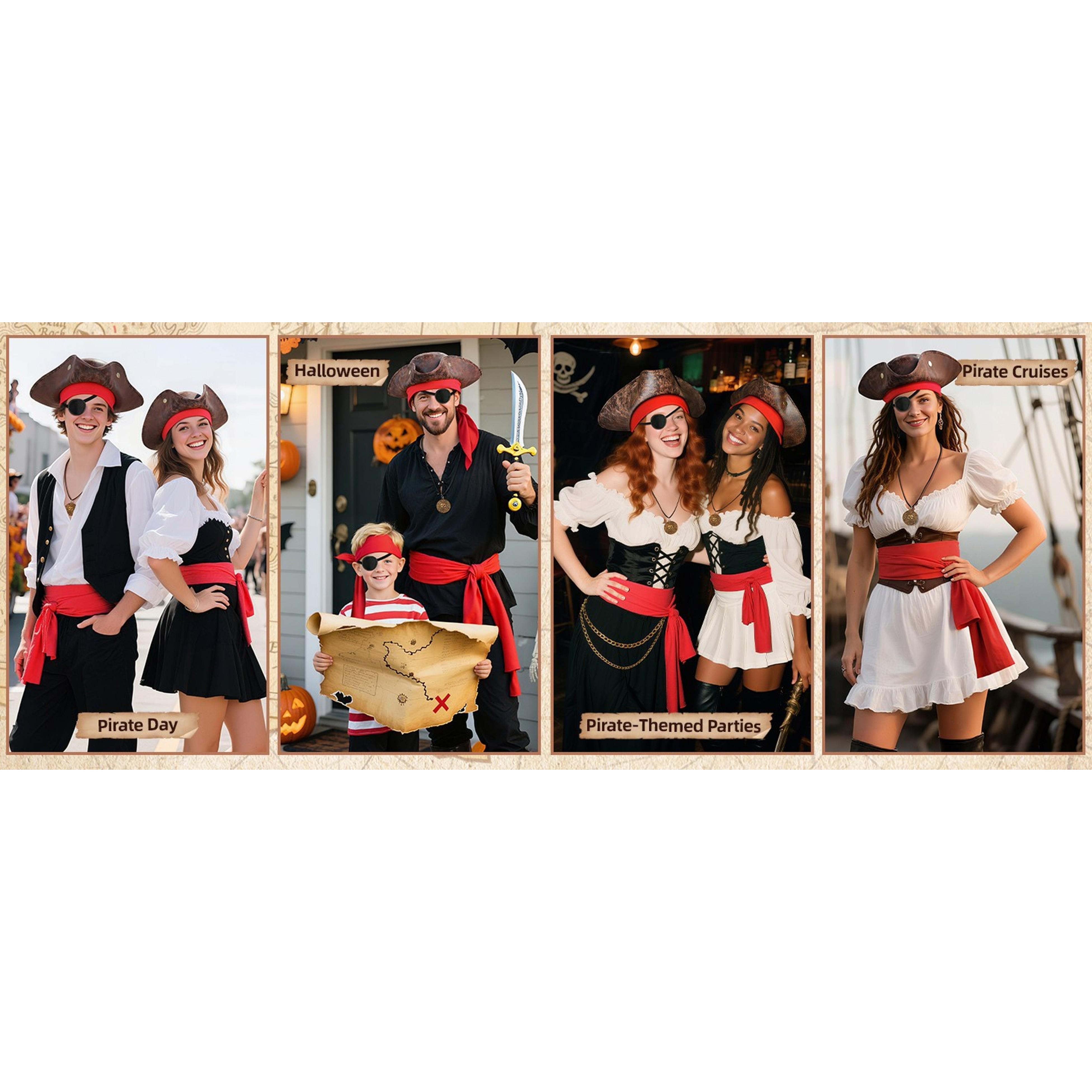 5PCS Pirate Costume Accessories Set for Men, Halloween Pirate Hat, Faux Leather Tricorn Hat, Bandana, Red Sash, Eye Patch & Necklace, Medieval Renaissance Cosplay Accessories(Gift)