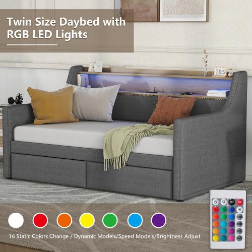 Bellemave Twin Size Daybed with Trundle Upholstered PU Leather Charging Station LED RGB Lights Stylish Storage Headboard Space Saving
