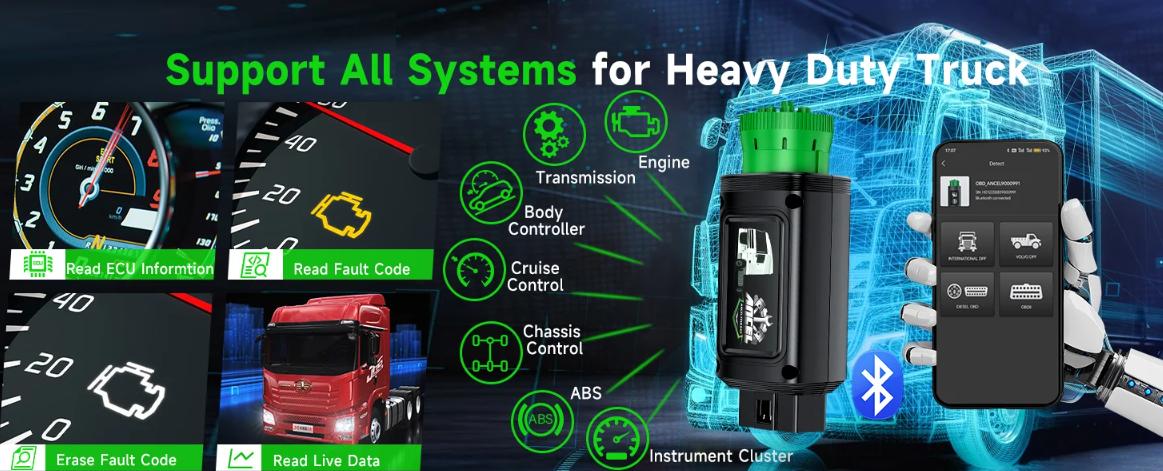 ANCEL HD120 Bluetooth Heavy Duty Truck Scanner for Volvo International, Full System Diesel Diagnostic Tool with DPF Regen & Reset, HDOBD & OBD2 Scanner for Diesel Trucks, Lifetime Free Updates