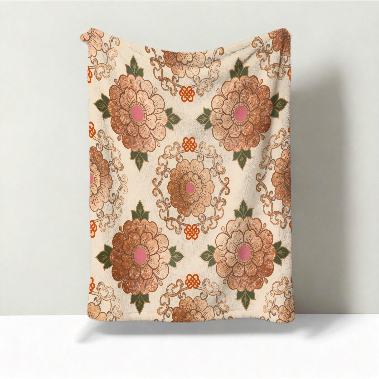 1 Pack Vintage Floral Pattern Flannel Blanket, HD Digital Single-Sided Print Ultra Soft Plush Throw Blanket, Warm Cozy Multipurpose Blanket for Couch, Bed and Travel, Ideal All-Season Gift Blanket