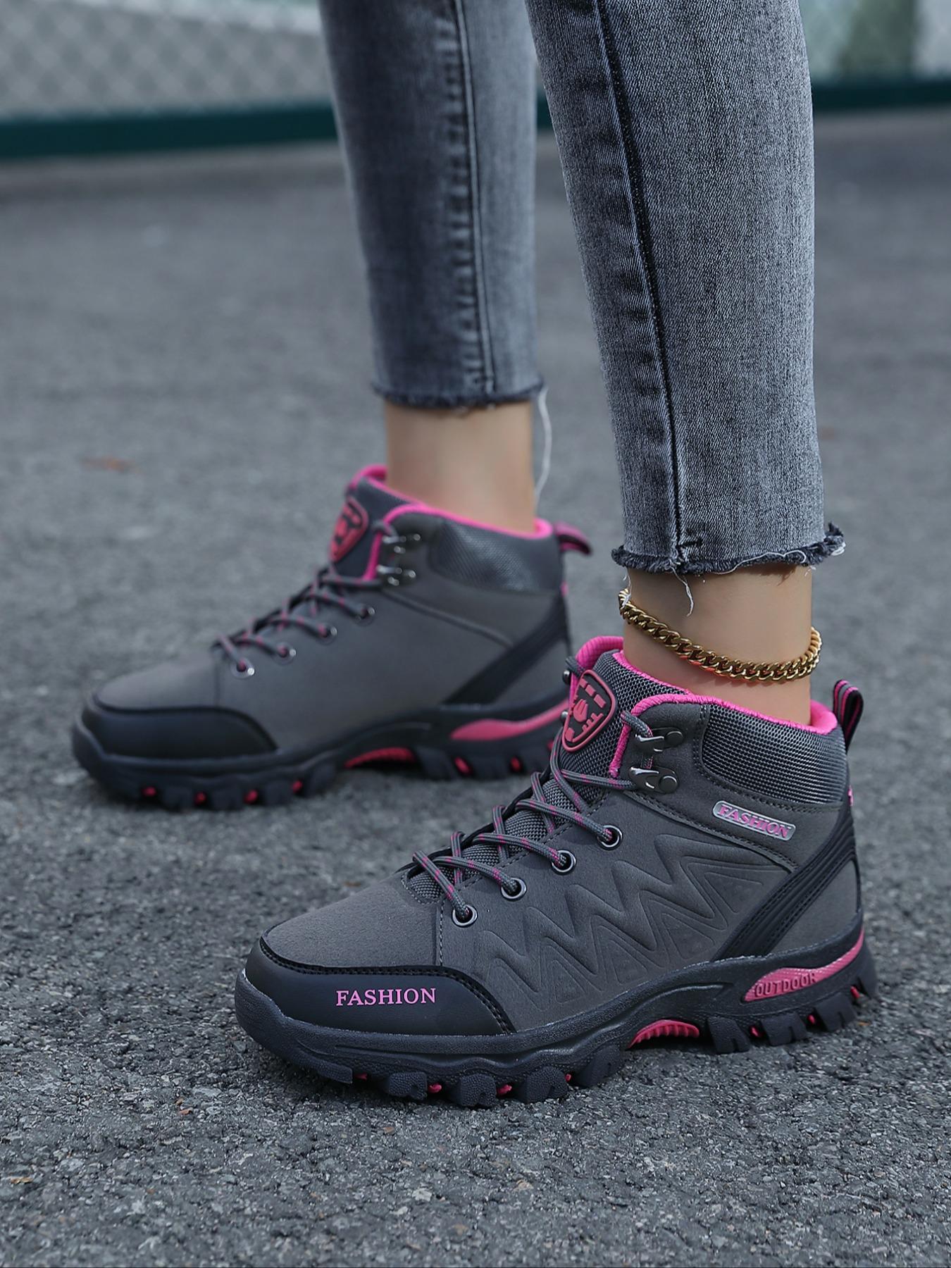 Stylish high-top hiking shoes designed for women, featuring windproof and waterproof performance, sturdy and long-lasting build, perfect for outdoor trekking activities as well as everyday casual outfits.