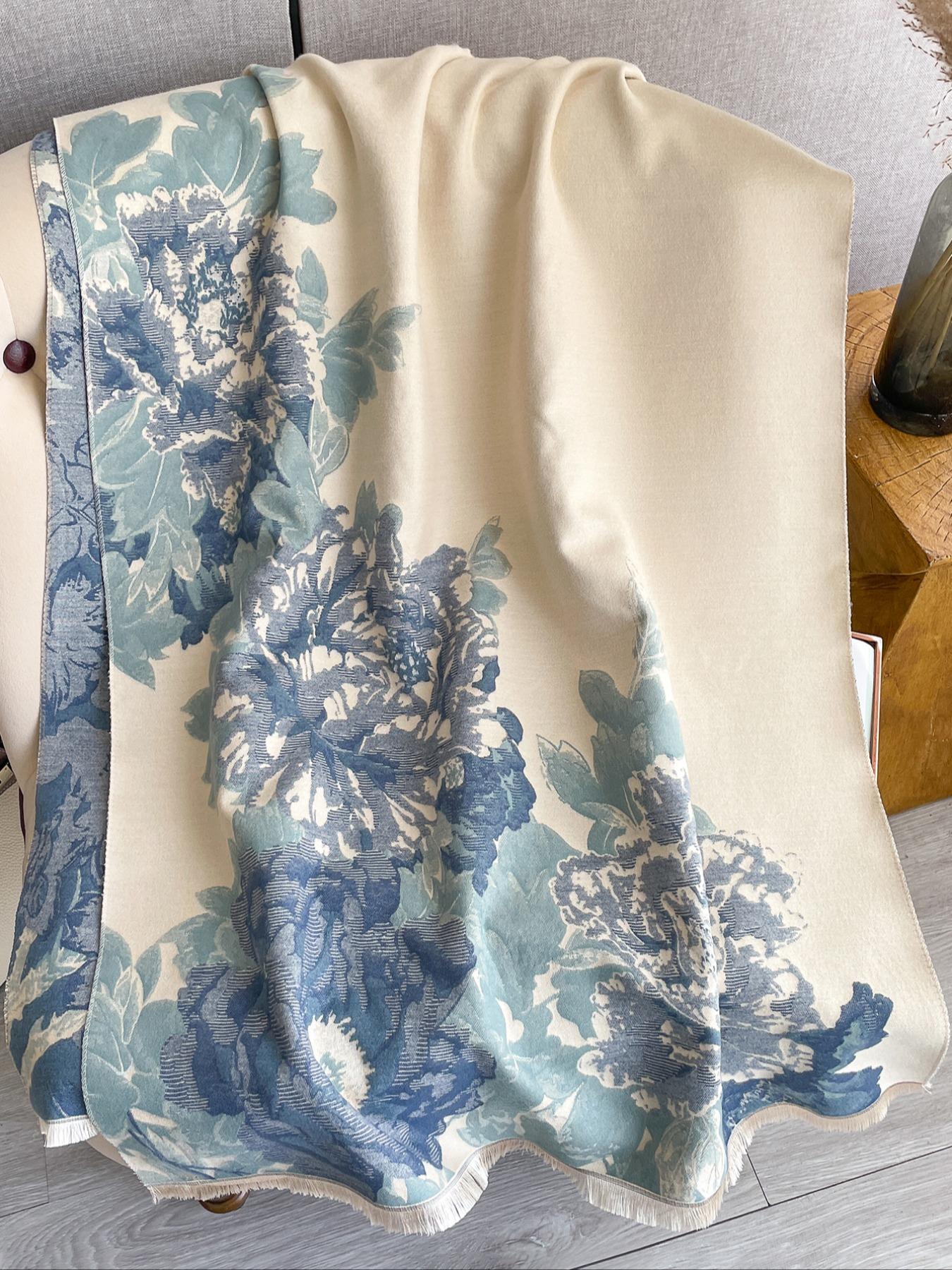 Women's Fashion Scarf, Floral Jacquard Shawl, Warm Thick Woven Fabric, Elegant Fitted Design, Perfect for Fall & Winter Wear