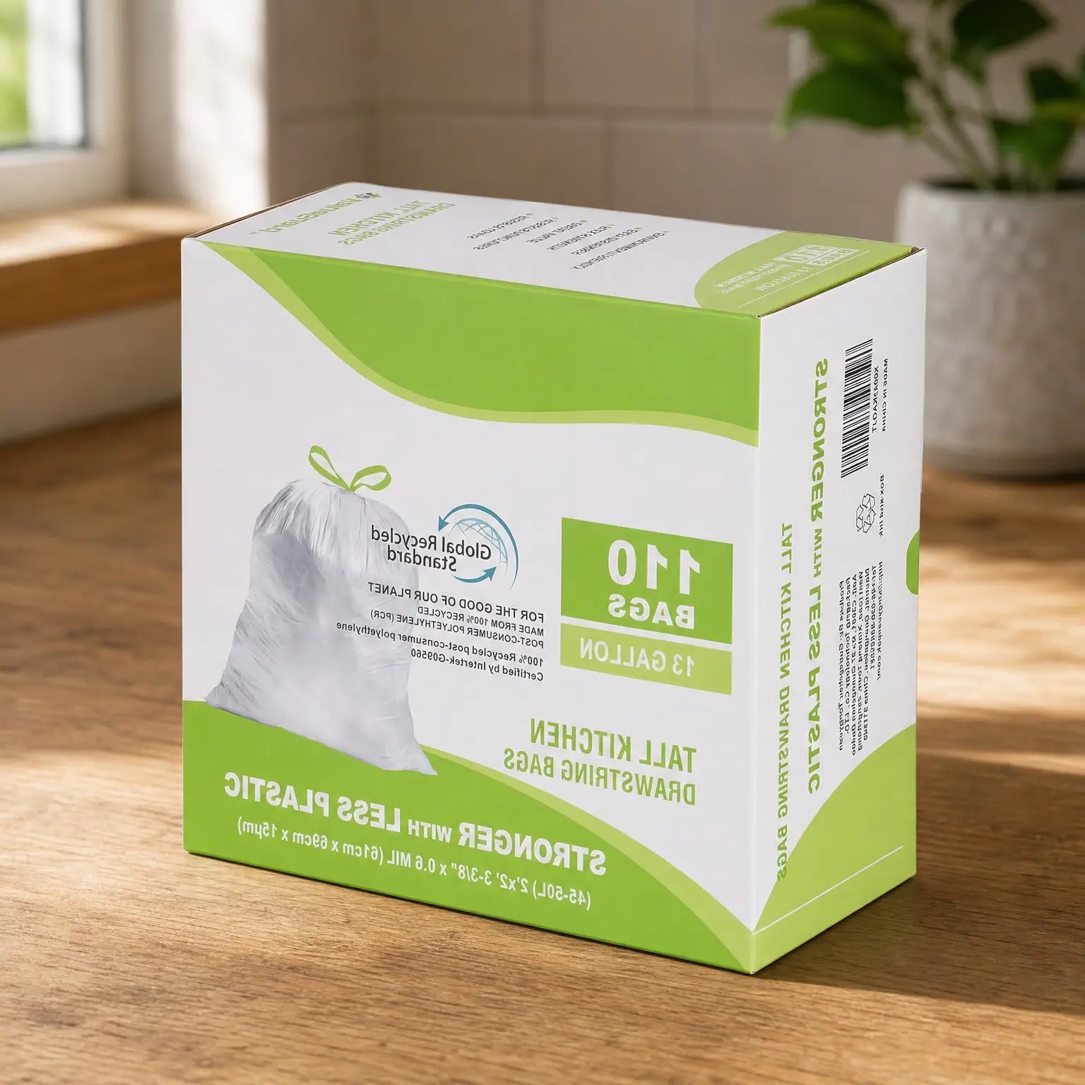 13 Gallon Tall Kitchen Drawstring Trash Bags, 100% Post-Consumer Recycled Garbage Bags for Office, 0.6 Mil, 110 CountGift
