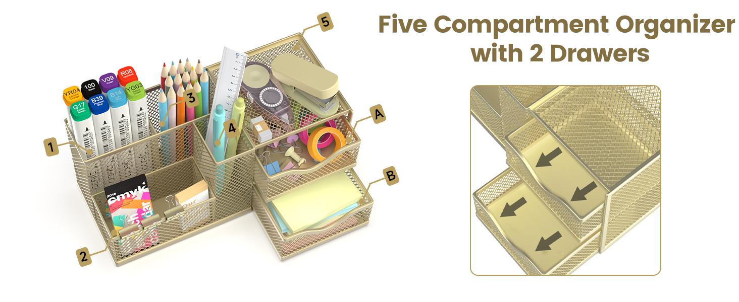 Mesh Desk Organizer, Pen Organizer with 2 Drawers and 5 Compartments, Versatile Pen Holder for Small Space, Desk Organizers and Accessories for School Office Supplies, Gold Mesh Desk Organizer, Pen Organizer with 2 Drawers and 5 Compartments, Versatile Pen Holder for Small Space, Desk Organizers and Accessories for School Office Supplies, Gold