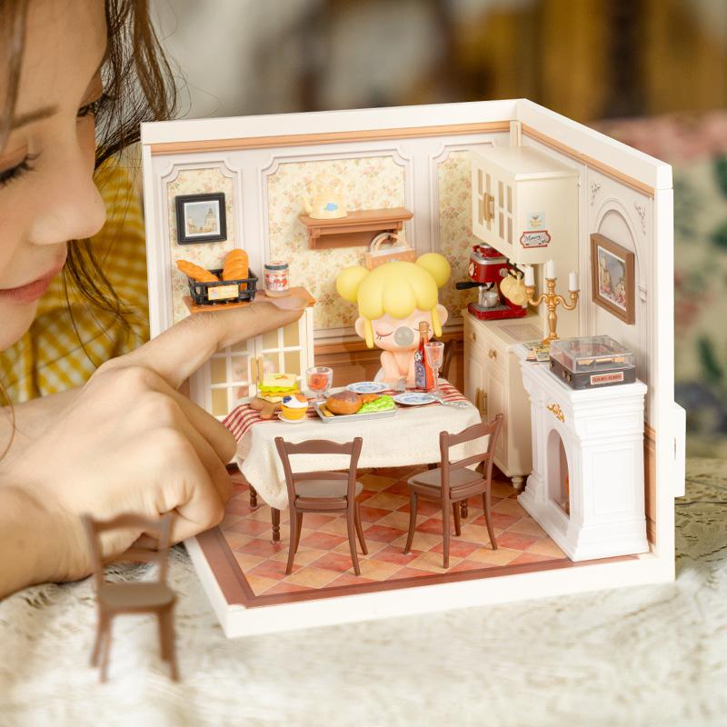 Rolife Warm Dining Room Plastic DIY Miniature House DW015B with LED Lights Plastic Craft Kit & Fun Decorative Ornament