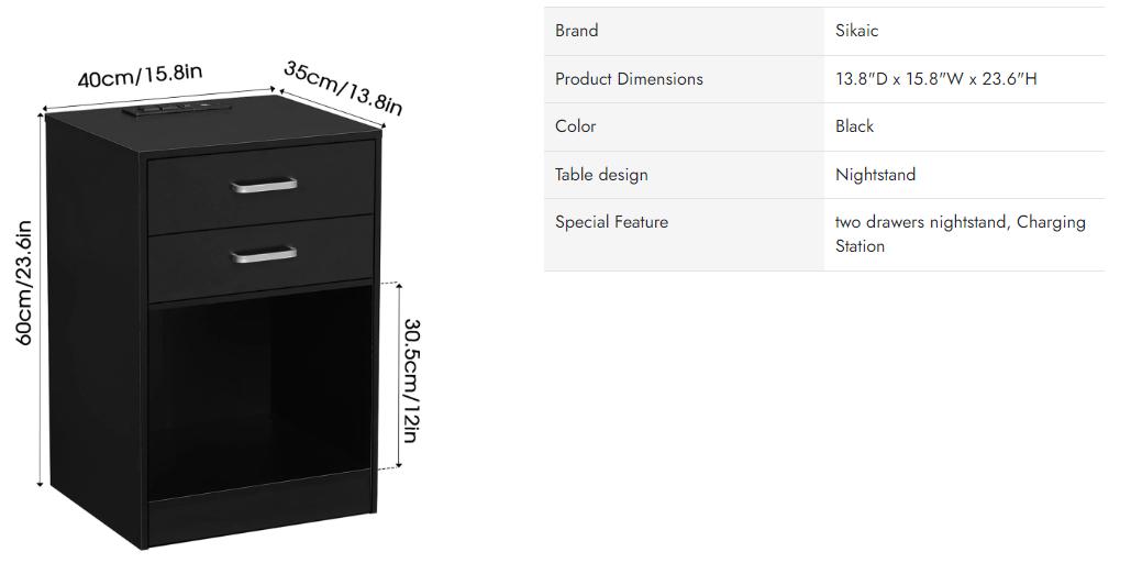 Sikaic 2PCS Nightstand With Charging Station Drawers Bedside Table