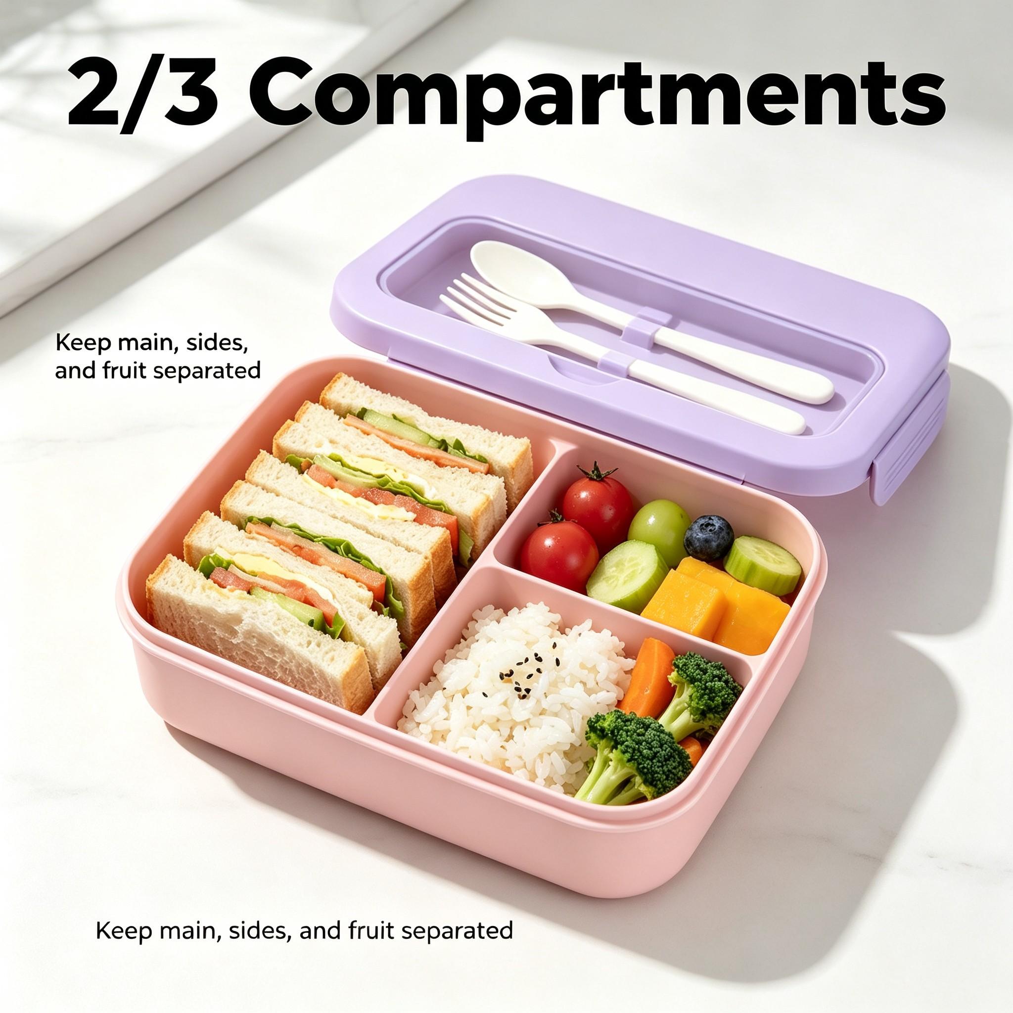 Bento Box for Adults Kids, 1200ML Leak‑Proof 2/3 Compartments Lunch Box with Built‑in Utensils, Fork, BPA‑Free Microwave‑Safe Food Container for Work School Picnic