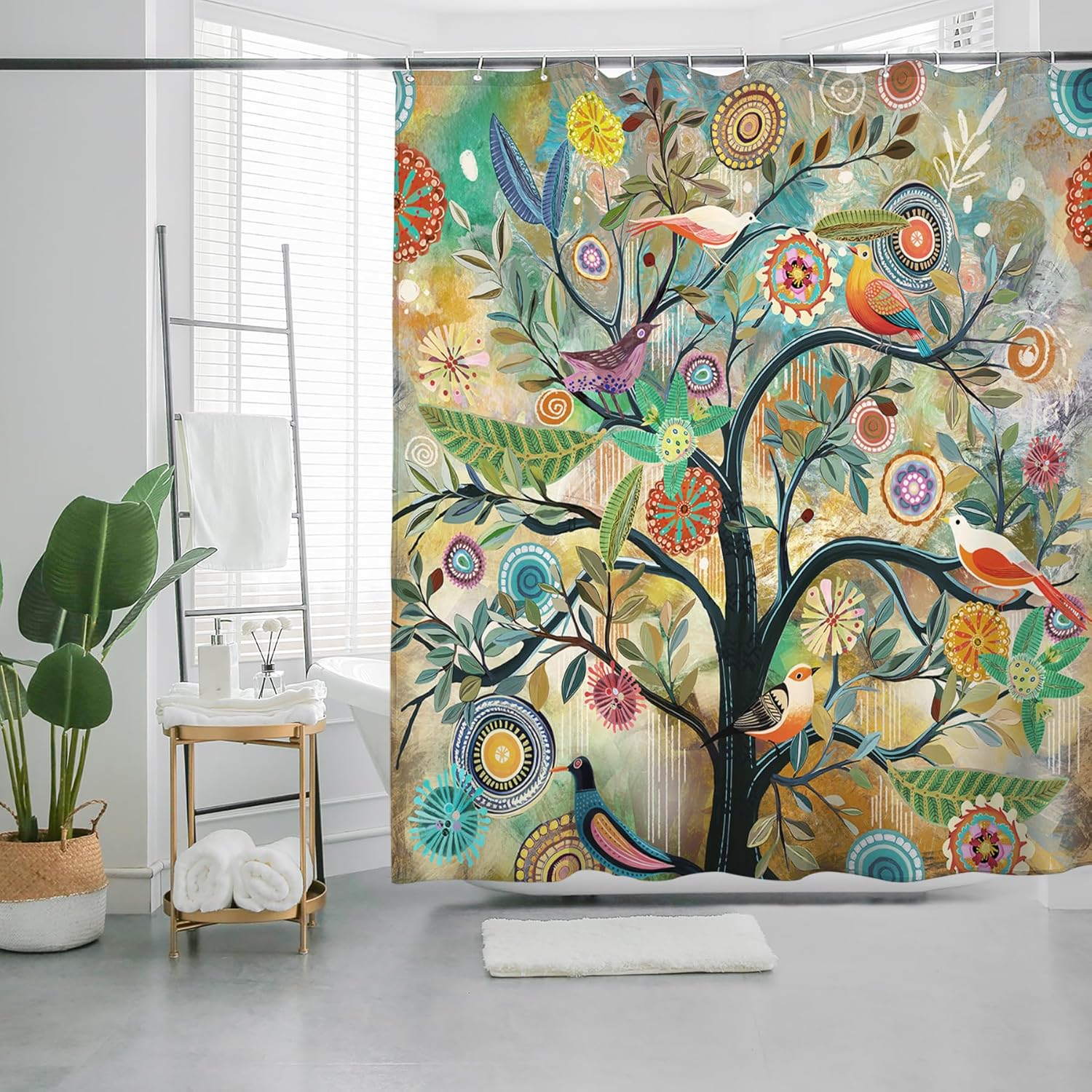 Shower Curtain, Boho Floral Print Water Repellent Polyester Fabric for Bathroom Decor, 72*72 Inch Standard Size with 12 Hooks, Also as Room Divider