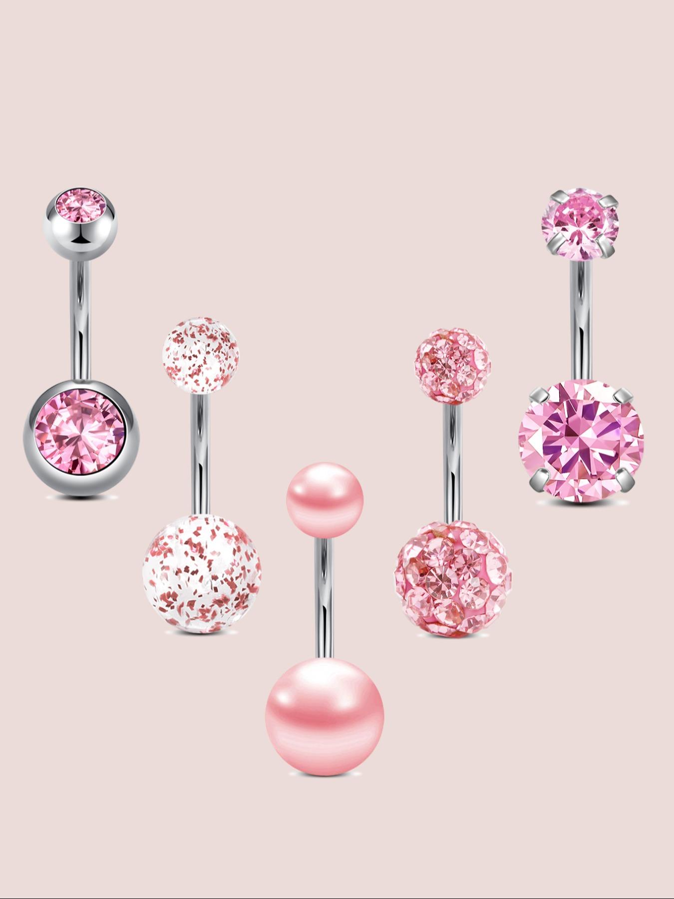 Stainless Steel Cz Belly Ring Set, Belly Button Piercing, 5 Counts Navel Piercing Jewelry, Elegant Design for Women and Girls, Perfect Gift for Holidays