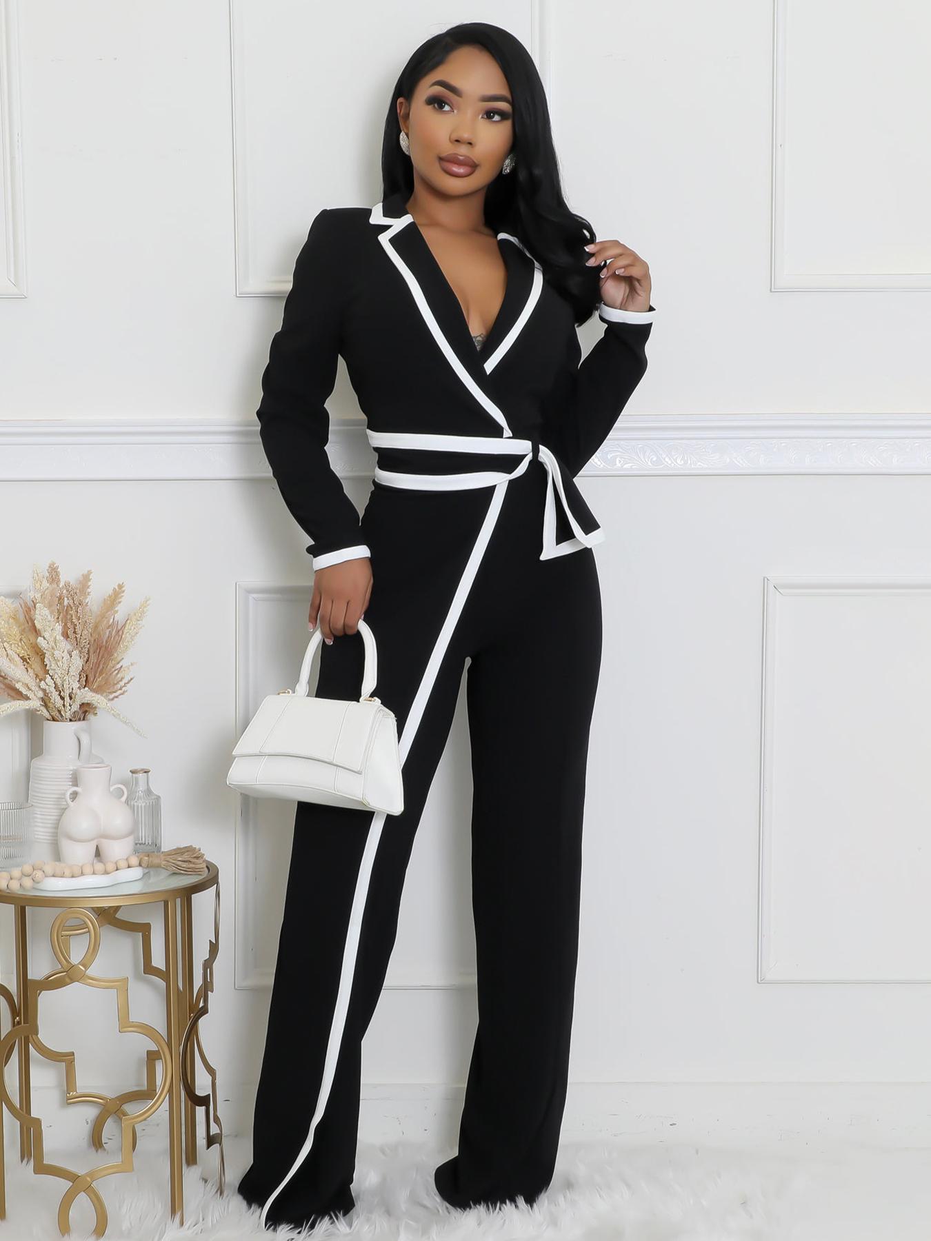 Elegant Women's Long Sleeve Jumpsuit, Belted Waist Design, Colorblock Patchwork, Fall & Winter Fashion, Office Wear, Womenswear
