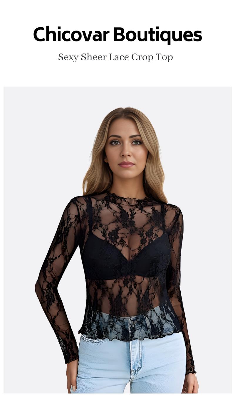 Chicovar Women's 90s Grunge Mesh Short Top –Lace Long Sleeve Mock Neck Sheer Blouse, Cropped Fit (Hits at Waist), Plus Size S-4XL, Perfect for Layering & Concerts! Womenswear Crewneck