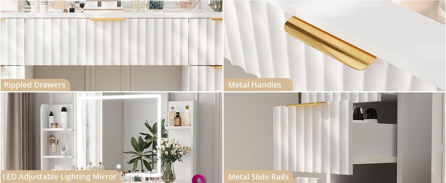 VOWNER Modern White Vanity Desk with LED Mirror and Lights Bulbs Makeup Vanity Desk with Drawers and Storage Shelves & Power Outlet Hair Dryer Rack Dressing Table with Glass Top