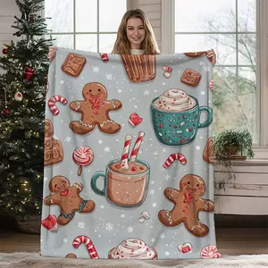 1Pc A Cozy Blanket Themed Around Holiday Gingerbread And Hot Cocoa, Perfect For Christmas Decoration And Winter Warmth. This Plush Throw Is Suitable For A Sofa Or Bed And Is Twin Size For Added Comfort