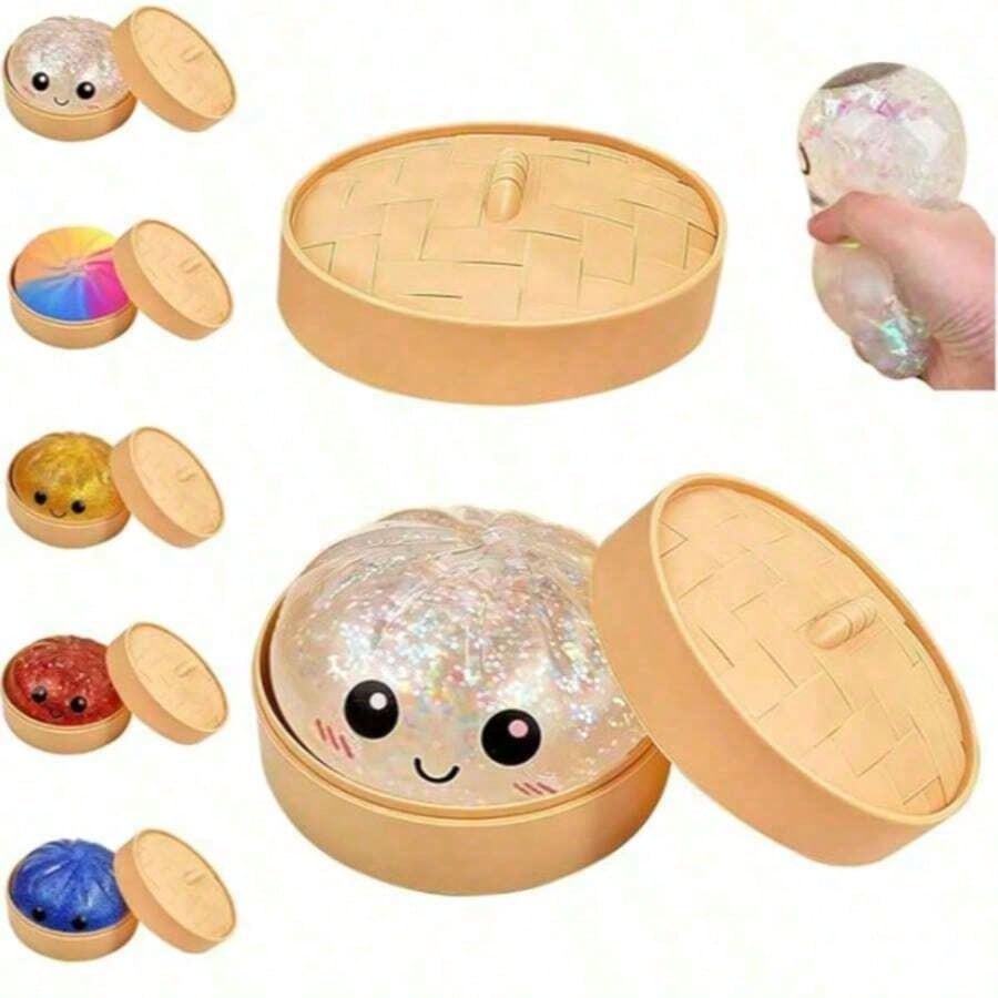 8.5cm Dumpling Squishies Stress Relief Balls, Dumplings Stress Balls, Handmade Squeeze Fidget Toys With Steamer Storage Case, Soft TPR Slow Rebound Big Bun Squishy, Realistic Food Shaped Sensory Squeeze Toy, Anxiety Relief & Focus Decompression Prop,