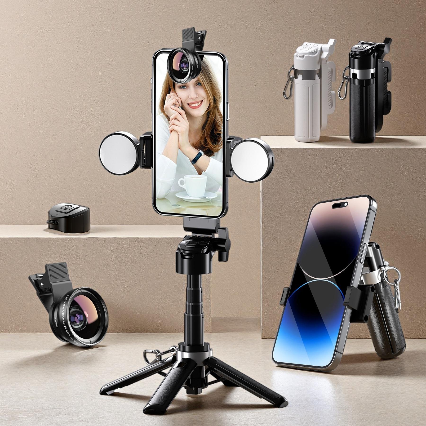 Multifunctional Mini Wireless Selfie Stick Tripod with 2 Lighters & Wide Angle Lens, Selfie Stand, Portable Phone Accessory for Travel Photography, Travel Gadgets