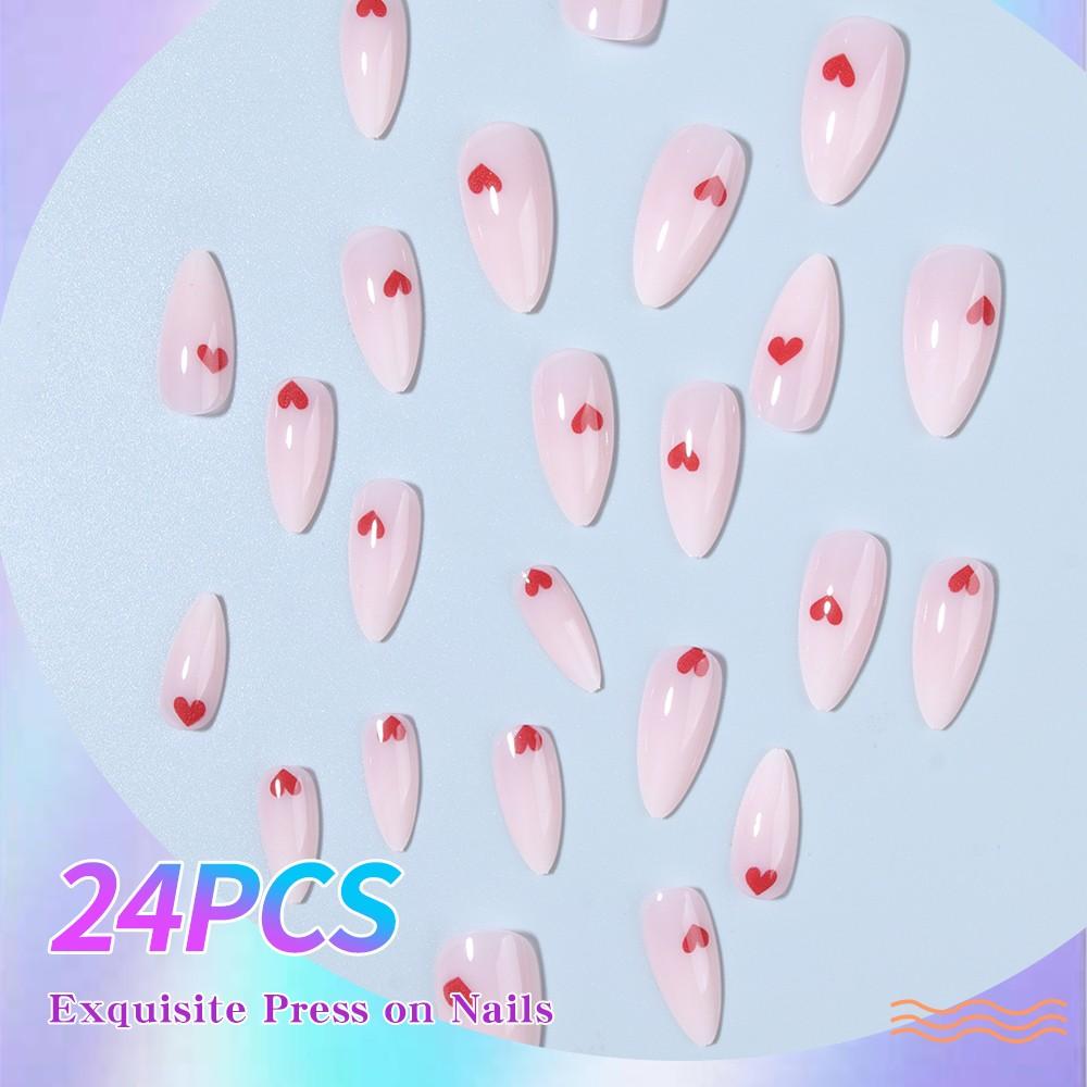 24pcs Clear Nude Gradient Base Color Nail Polish, Hand Drawn Heart Design, Almond Shape Medium Length Glossy Finish