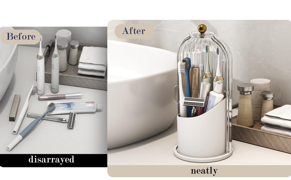 Toothbrush Holders with Dustproof Cover, 360 Rotating Toothbrush and Toothpaste Holder for Bathroom Countertop, 3 Slots Transparent Makeup Brushes Organizer for Vanity Makeup Brushes Holder summerwins