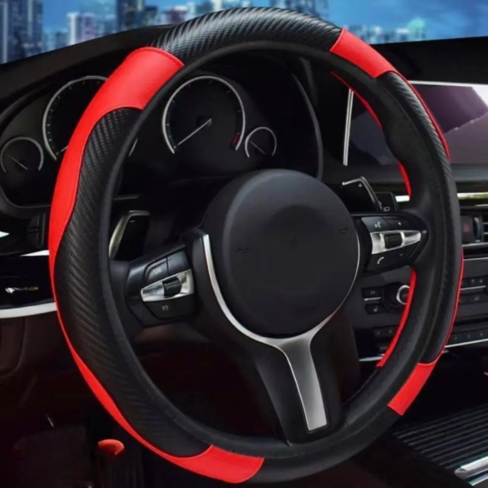 Sporty Carbon Fiber Car Steering Wheel Cover - All-Season Elastic Leather, Anti-Slip Grip, Stretch Install, Universal Fit No-Ring Standard Size Protector for Daily Commute