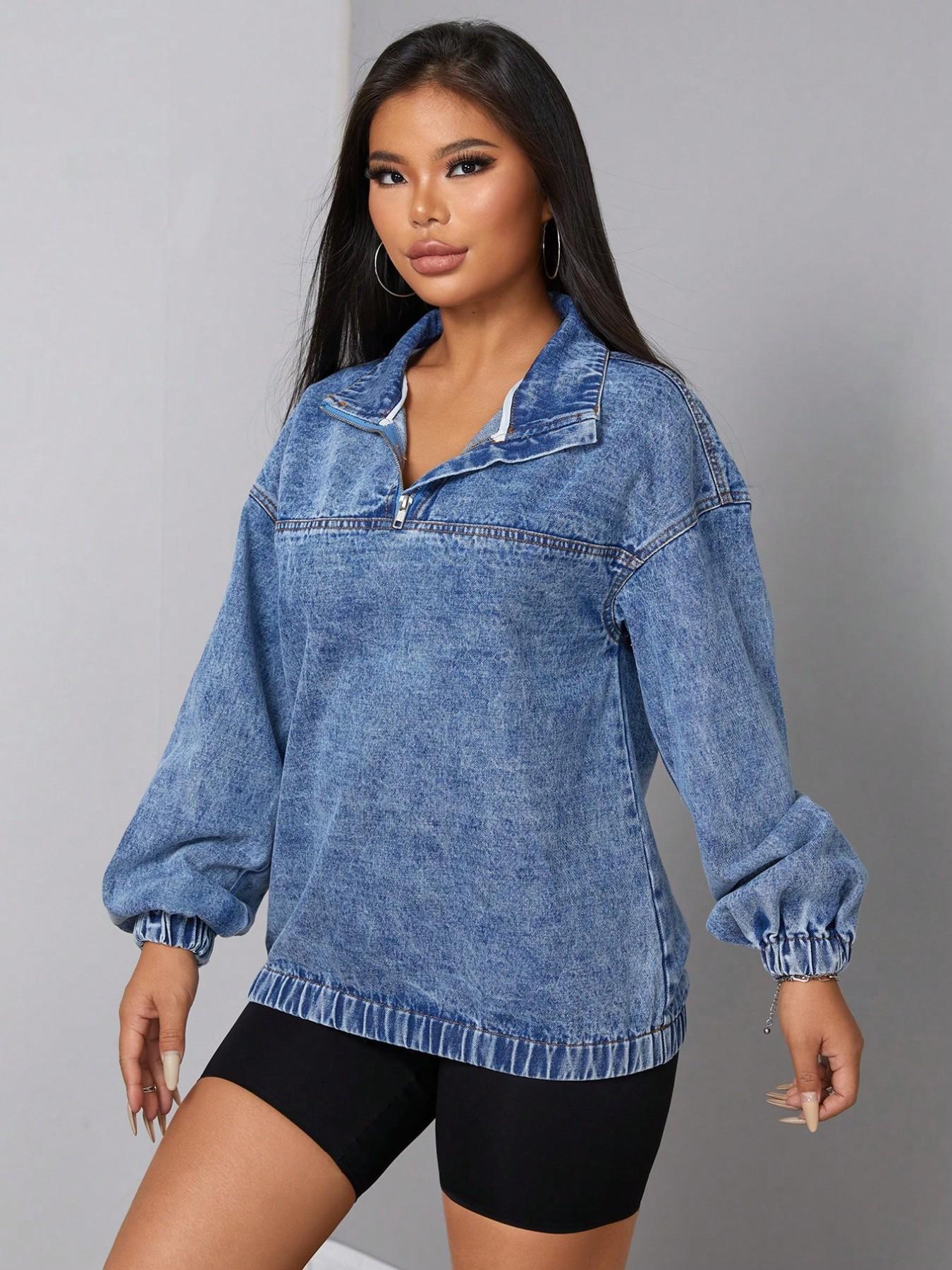 Women's Denim Jacket with Half Zipper and Standing Collar, Loose Fit Drop Shoulder Long Sleeve Top, Washed Vintage Pullover Casual Fashionable Stylish Outerwear Coats