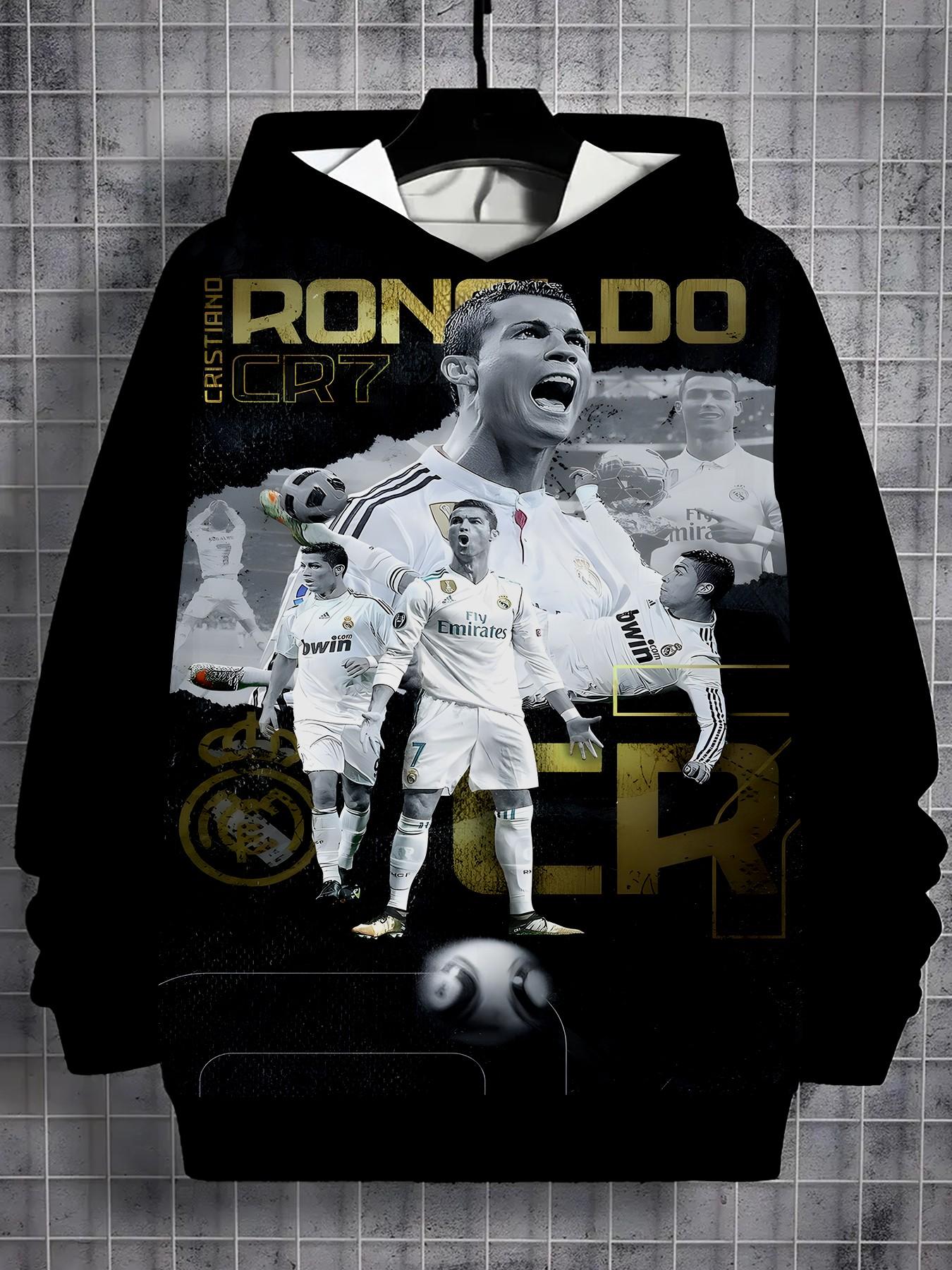 Base Ronaldo Cr7 Gold Foil Print Hoodie, Boys' Football Theme Long Sleeve Pullover, Casual Loose-Fit H-Type Design