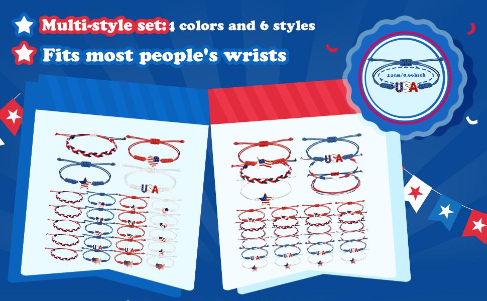 24/48 Pcs USA 250th Anniversary Flag Bracelet National Flag Independence Day Accessaries 4th of July Wristband for Women Men Teens Bulk Red White and Blue Patriotic Gifts for 4th of July American Summer Party Favors Event Parade Historical Celebration