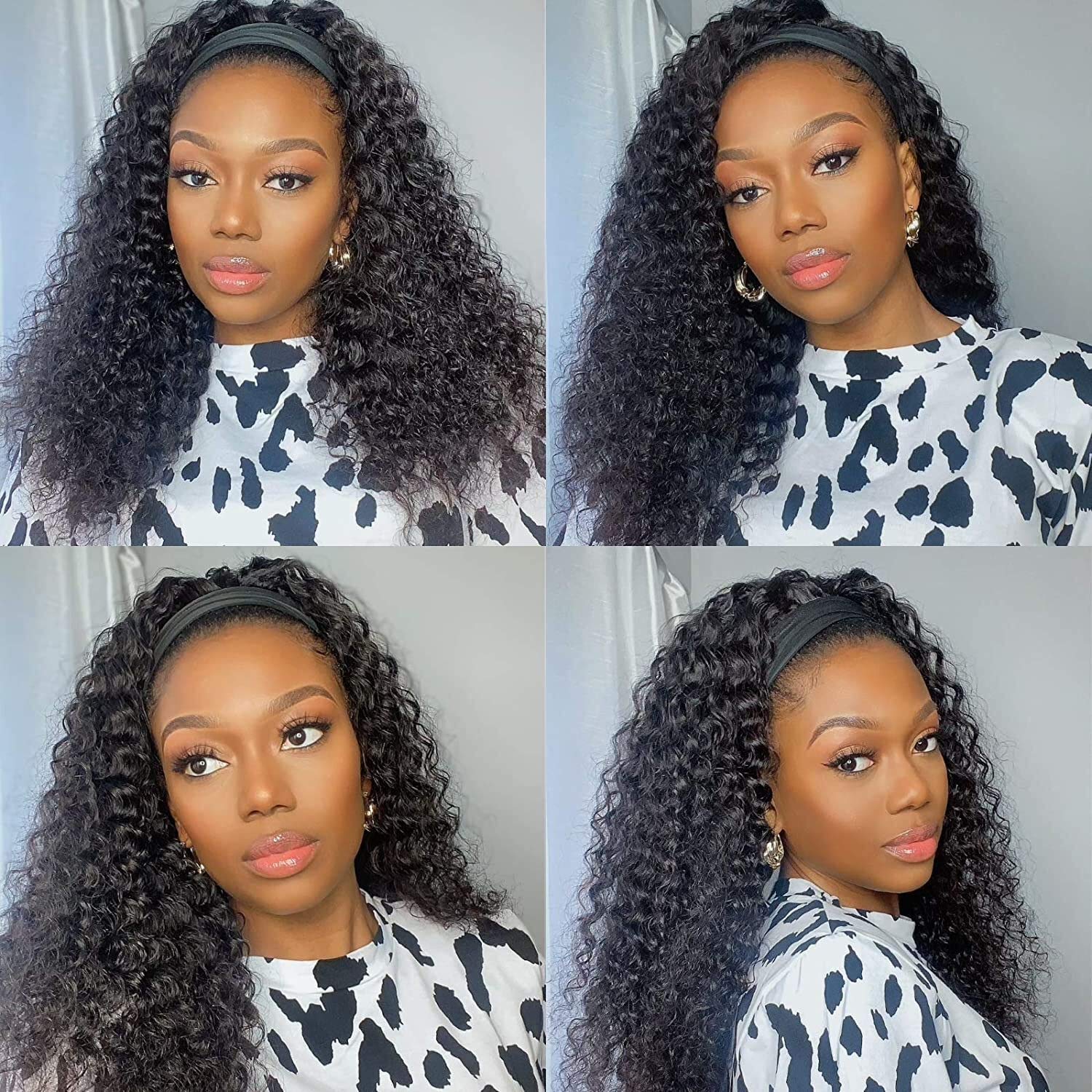 Bling Hair kinky Curly Headband Wig Human Hair 12inch None Lace Front Wigs Brazilian Virgin Hair Machine Made Wigs Glueless Deep Curly Wave Headband Half Wigs for Black Women Human Hair Natural Color