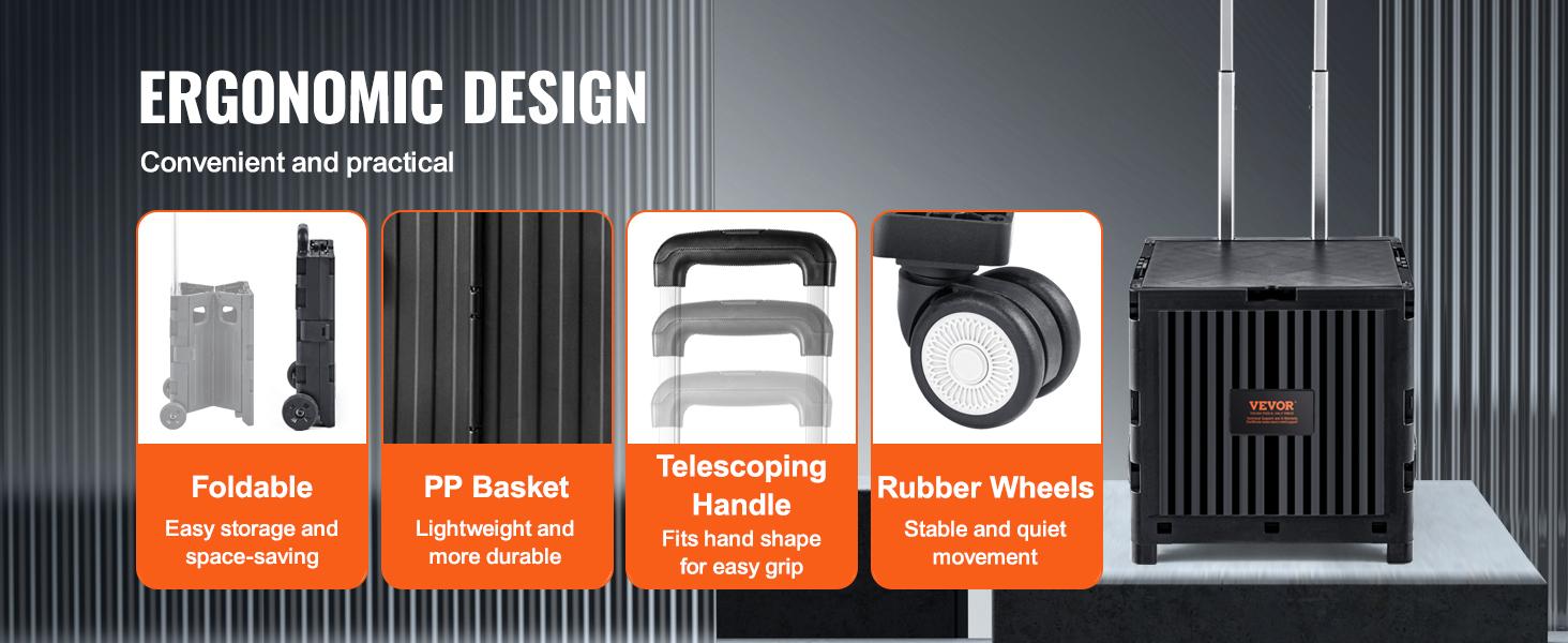 VEVOR Foldable Utility Cart, 110 lbs Load Capacity, Folding Portable Rolling Crate Handcart with Heavy Duty Telescoping Handle and 4 Rotate Wheels for Travel Shopping Moving Luggage Office Use, Black