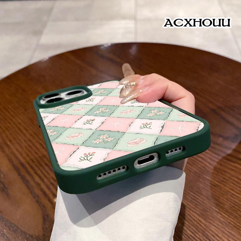 Pastel Tea Checker Pattern Magnetic Phone Case for iPhone 17 16 15 14 Pro Max 13 12 11 XR XS Plus Anti-Yellowing Shockproof Lightweight Transparent Acrylic Soft Cover Supports Wireless Charging