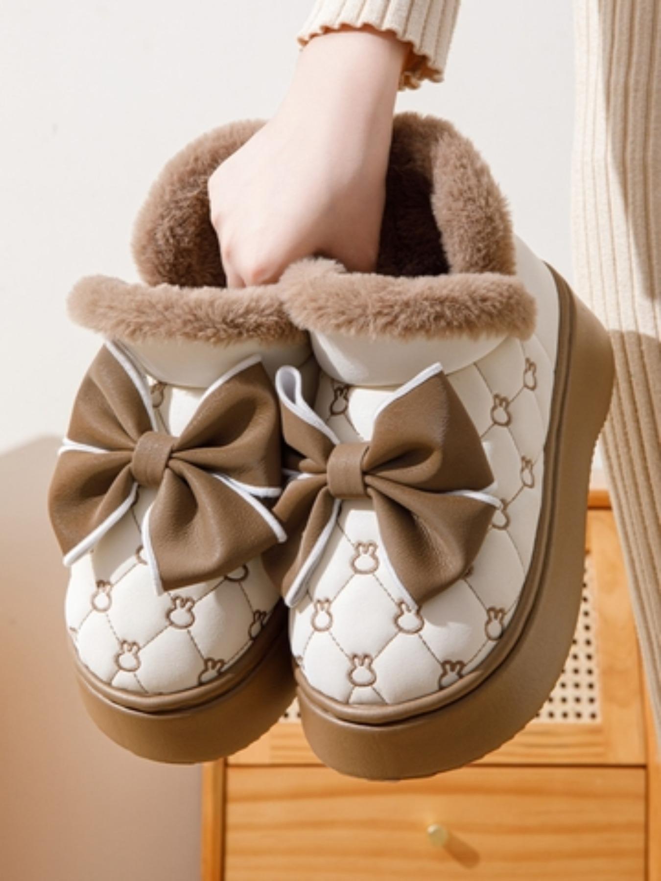 Women's Cute Bowknot Design Plush Slippers, 2024 New Style Casual Soft Comfortable Home Slippers, Warm Slippers for Indoor & Outdoor Use for Fall & Winter, House Slippers