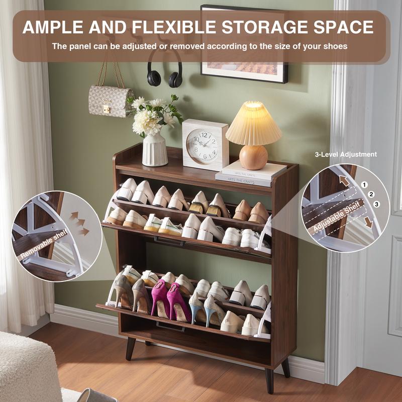 Farmhouse Shoe Storage Cabinet with 2-4 Flip Drawers & Barn Door Design - Freestanding Slim Narrow Shoe Organizer for Entryway, Foyer & Hallway