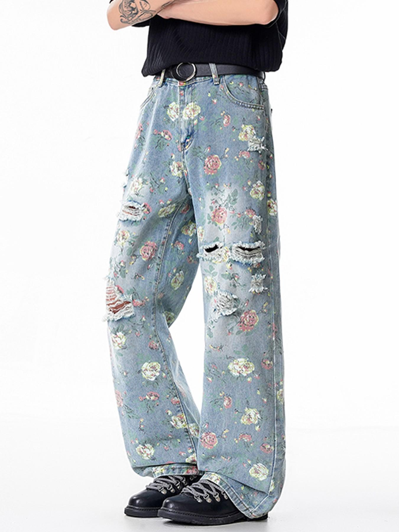 Men’s Light Blue Floral Print Baggy Jeans with Distressed Ripped Details, Wide Leg Y2K Streetwear Denim Pants