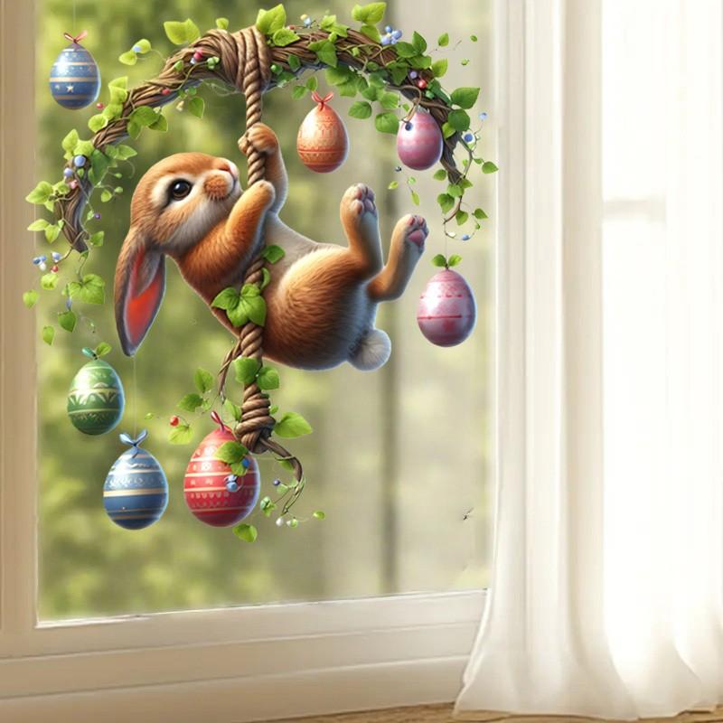 Charming Rabbit Easter Egg Window Stickers, Floral Design, Wall Decor, Home Decoration, Party Supplies, Unique Gift, Eye-Catching Easter Decor