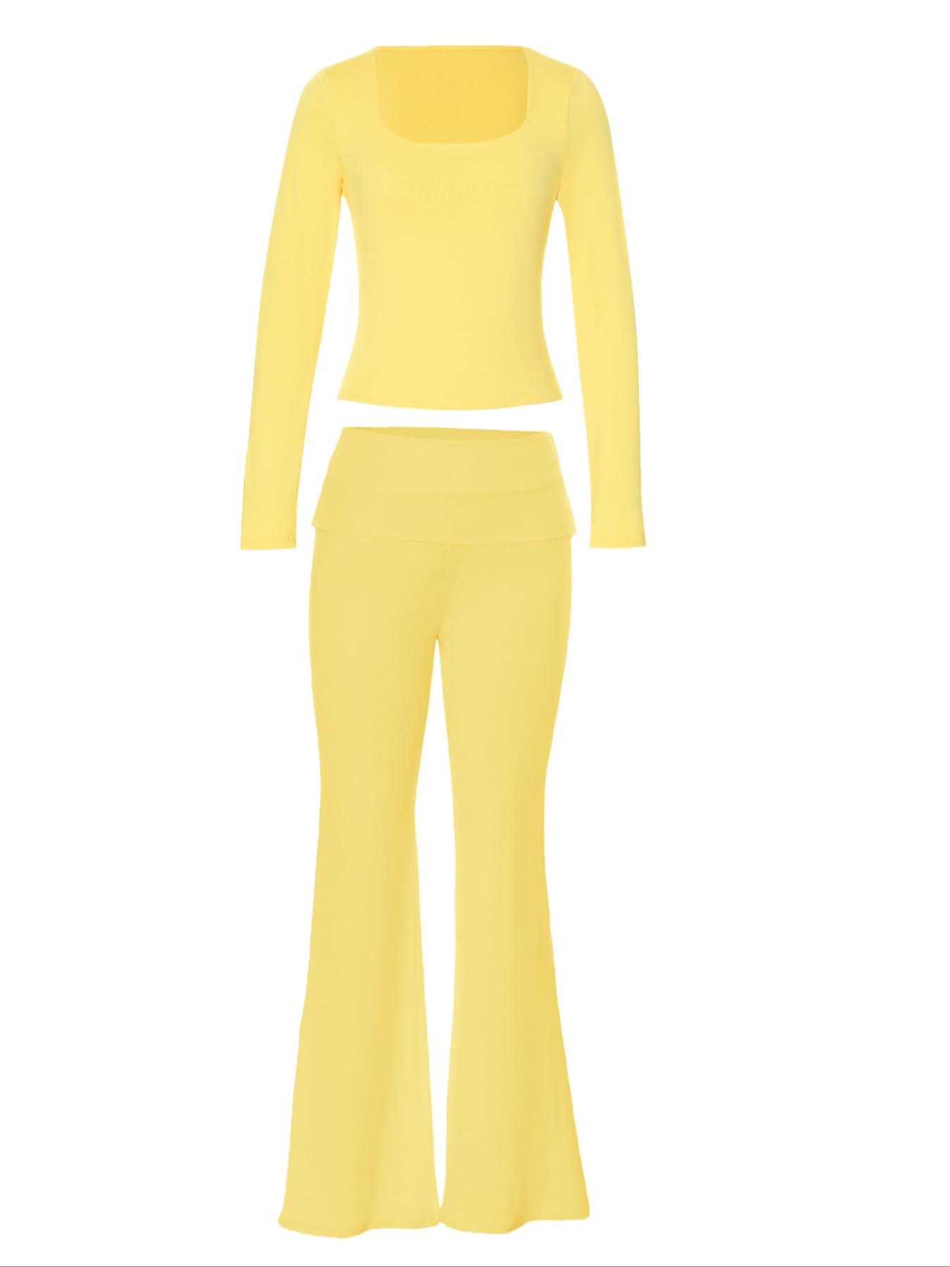 Women's Long Sleeve Square Neck Flare Pants Set, Casual Home Wear, Comfortable Loungewear, Stylish and Cozy for Daily Use