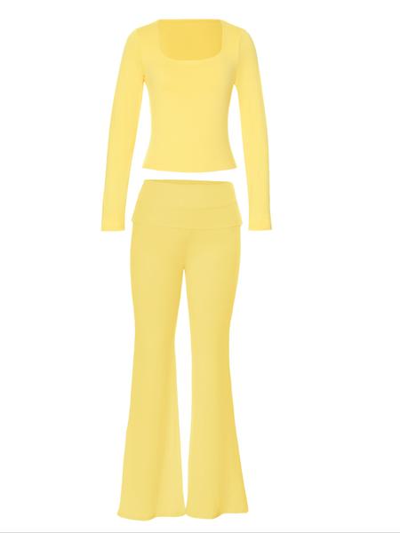 Women's Long Sleeve Square Neck Flare Pants Set, Casual Home Wear, Comfortable Loungewear, Stylish and Cozy for Daily Use