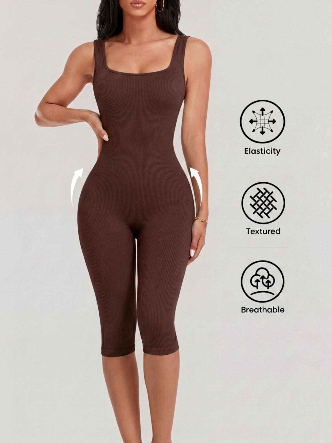 1/2PCS Women's Yoga Capri Jumpsuit Square Neck Backless Tummy Control Butt Lifting, Yoga Workout Jumpsuits Workout Shorts Romper Seamless Ribbed Sleeveless Unitard Fitness Gym for Gym Sports