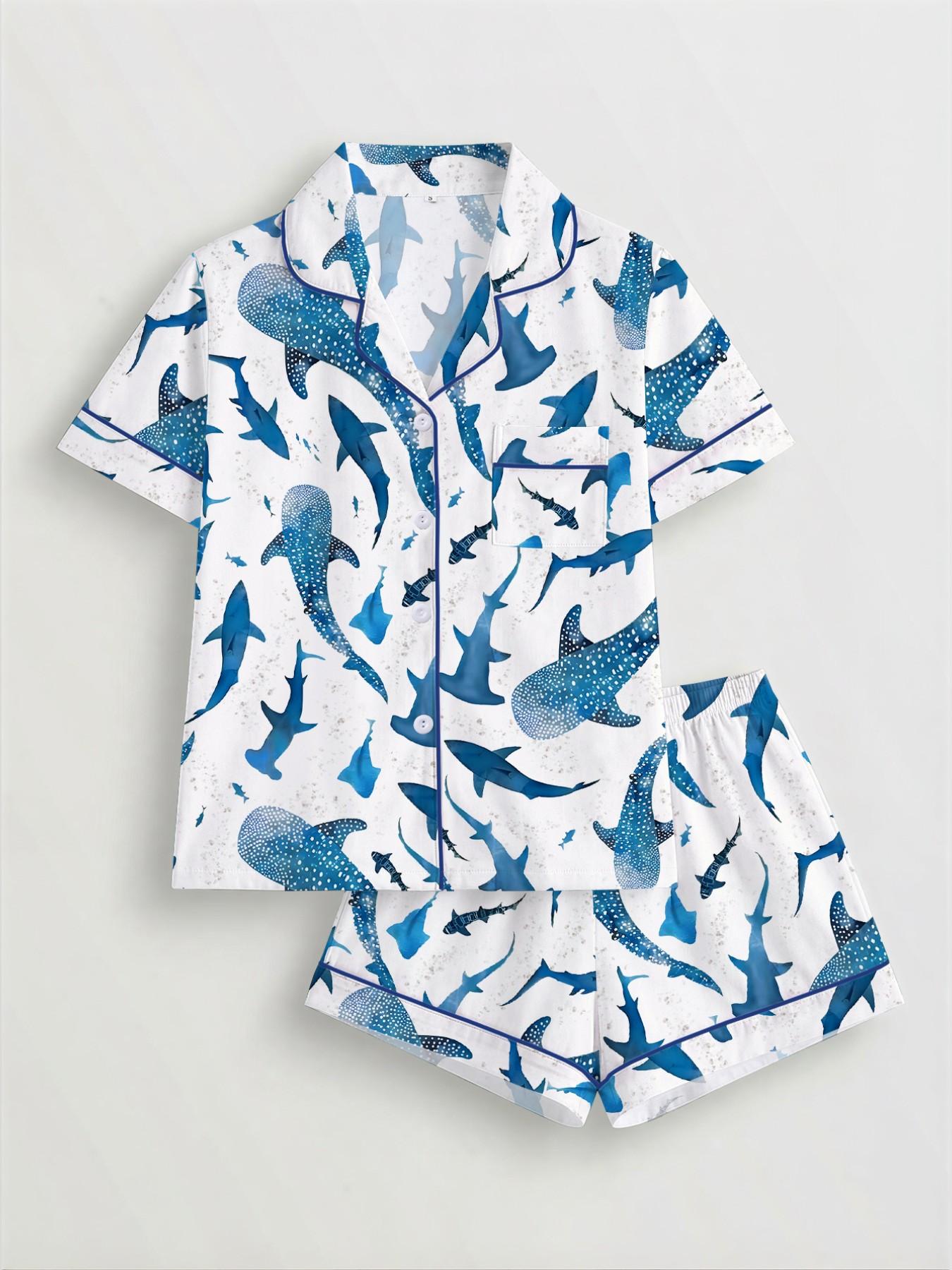 Women's Shark Print Pajama Set, Short Sleeve Button-Up Top and Elastic Shorts, Casual All-Season Sleepwear, Comfortable Home
