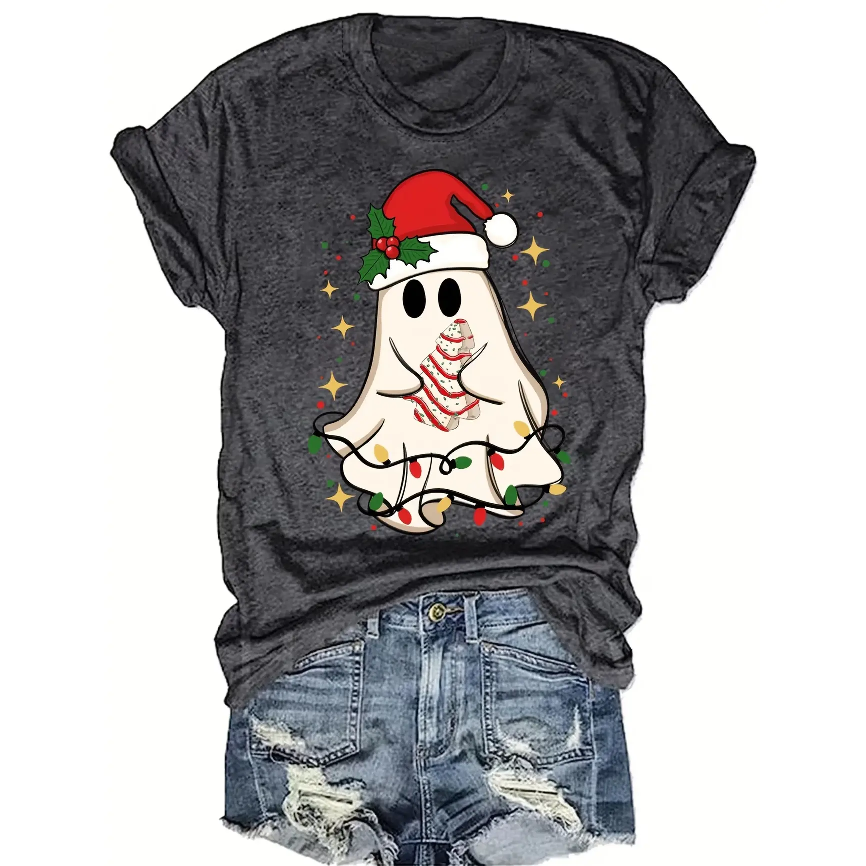 Christmas Ghost Christmas Tree Cake Graphic Oversized Cotton T-Shirt Comfort Fashion Outfit Cute Holiday Gift For Her Him Friend Xmas Valentine Daily Present
