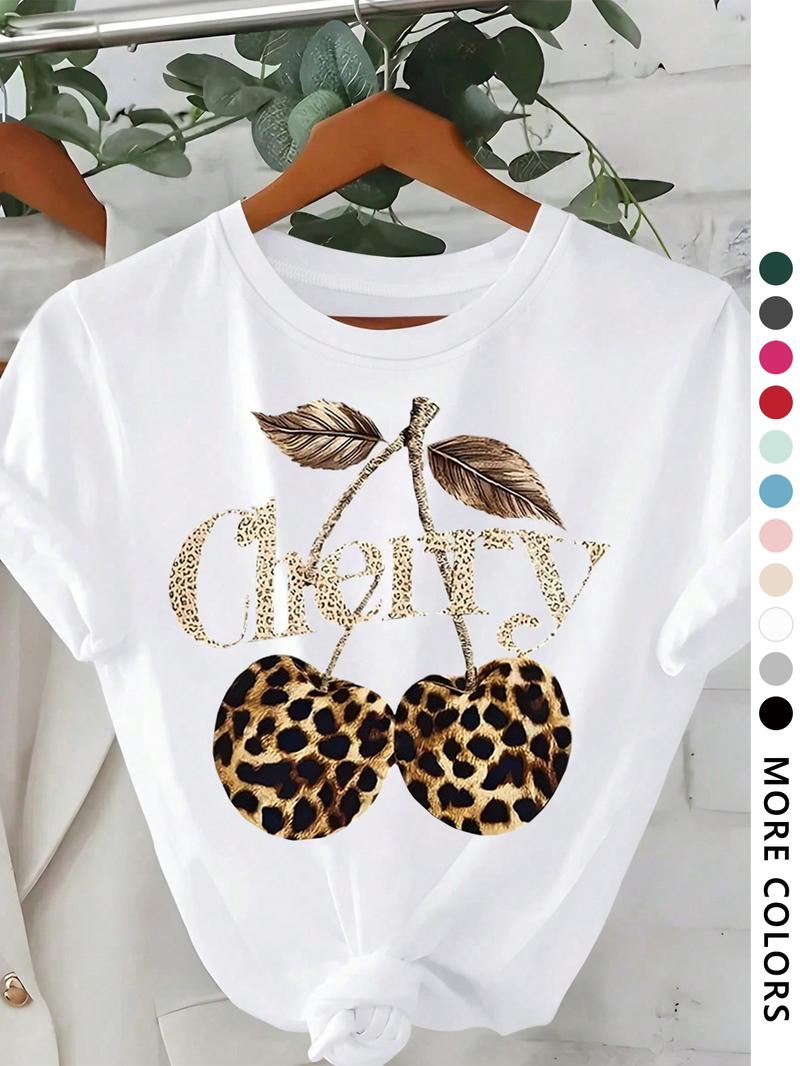 Women's Cherry & Leopard Print Round Neck Graphic Tee, Vintage Trendy Casual Short Sleeve T-shirt for Daily Wear, Ladies All Seasons Outfit, Top