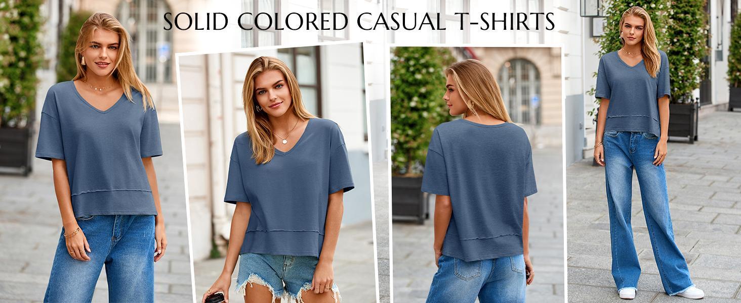 Imily Bela Womens Summer V Neck T Shirts Casual Short Sleeve Flowy Tops Cute Loose Fit Basic Tees