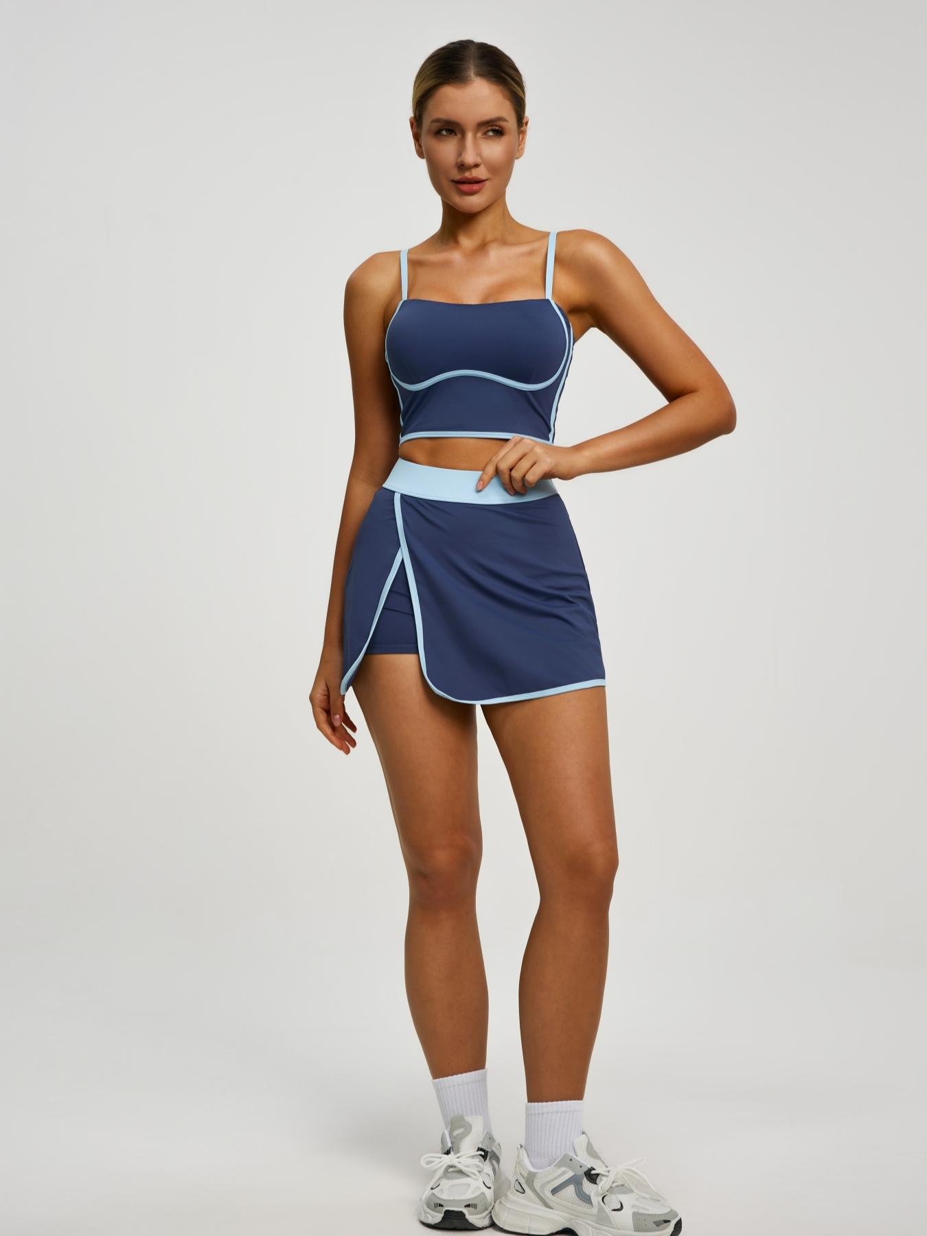 Women's Tennis Set with Built-In Bra Pad Short Top & Sports Skirt with Pockets, Contrast Binding Design Sportswear, Workout Set, Workout Running Outfits