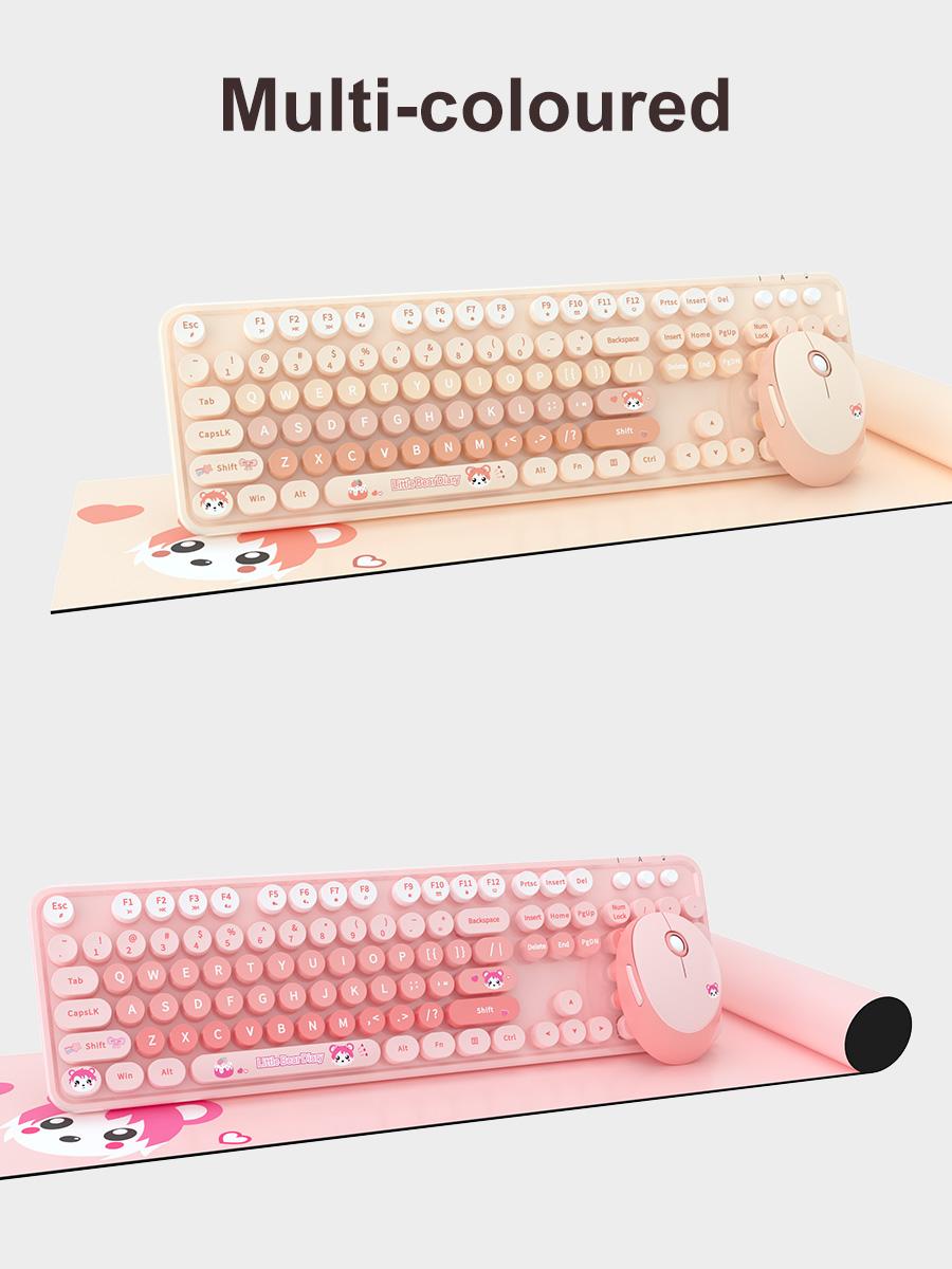 MOFii 1 Set Wireless Keyboard and Mouse Combo, Pink Bear Cute Office Keyboard Mouse, 2.4G Plug and Play, Compatible with Laptop & Desktop, US Qwerty (Battery Not Included)