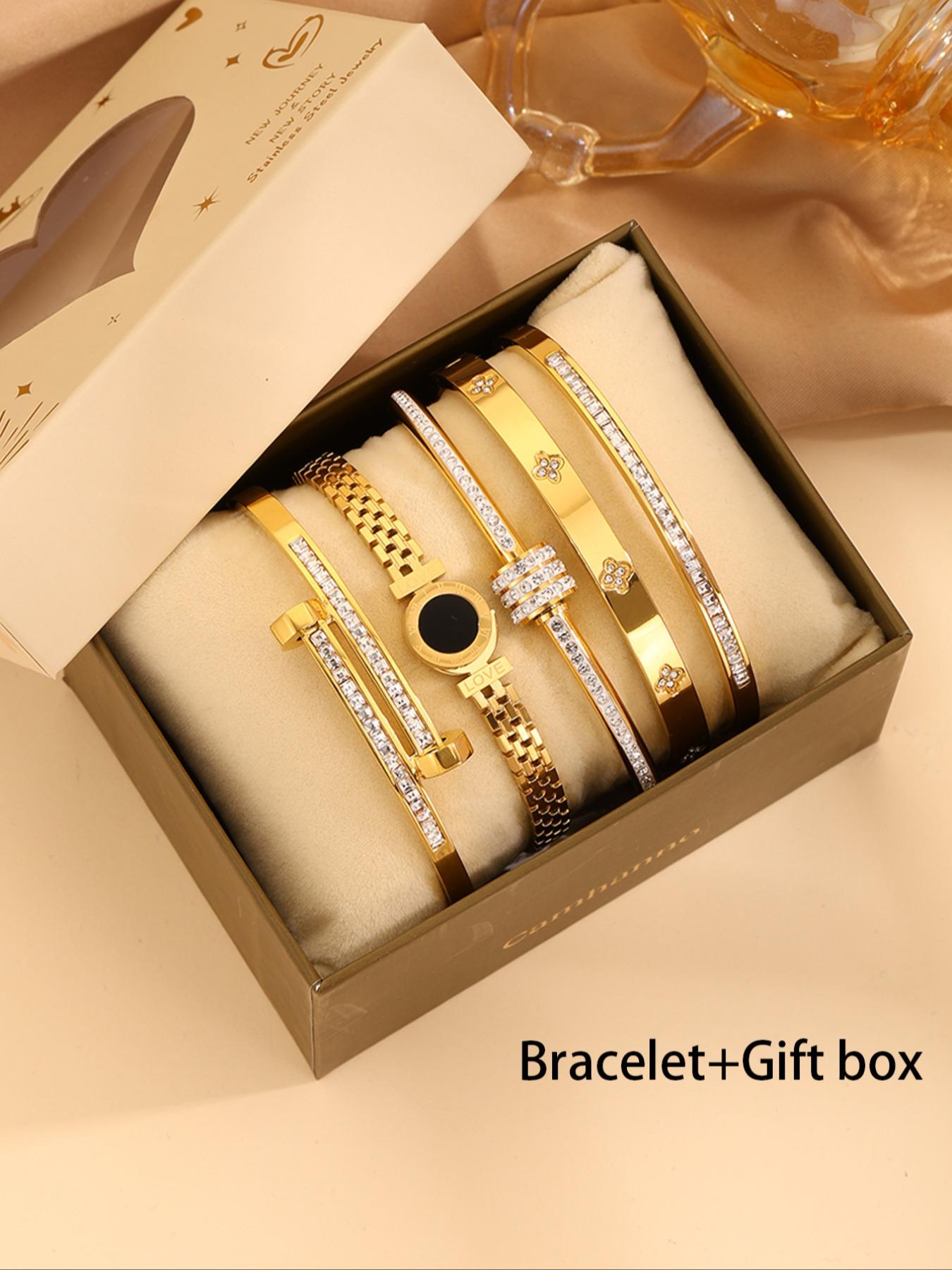 5-piece Set Of Unisex's Elegant and Luxurious 304 Stainless Steel Bracelets with Gift Box, High-quality and Fashionable Items for Christmas Gift, Birthday Gift Box and Stackable Bracelets